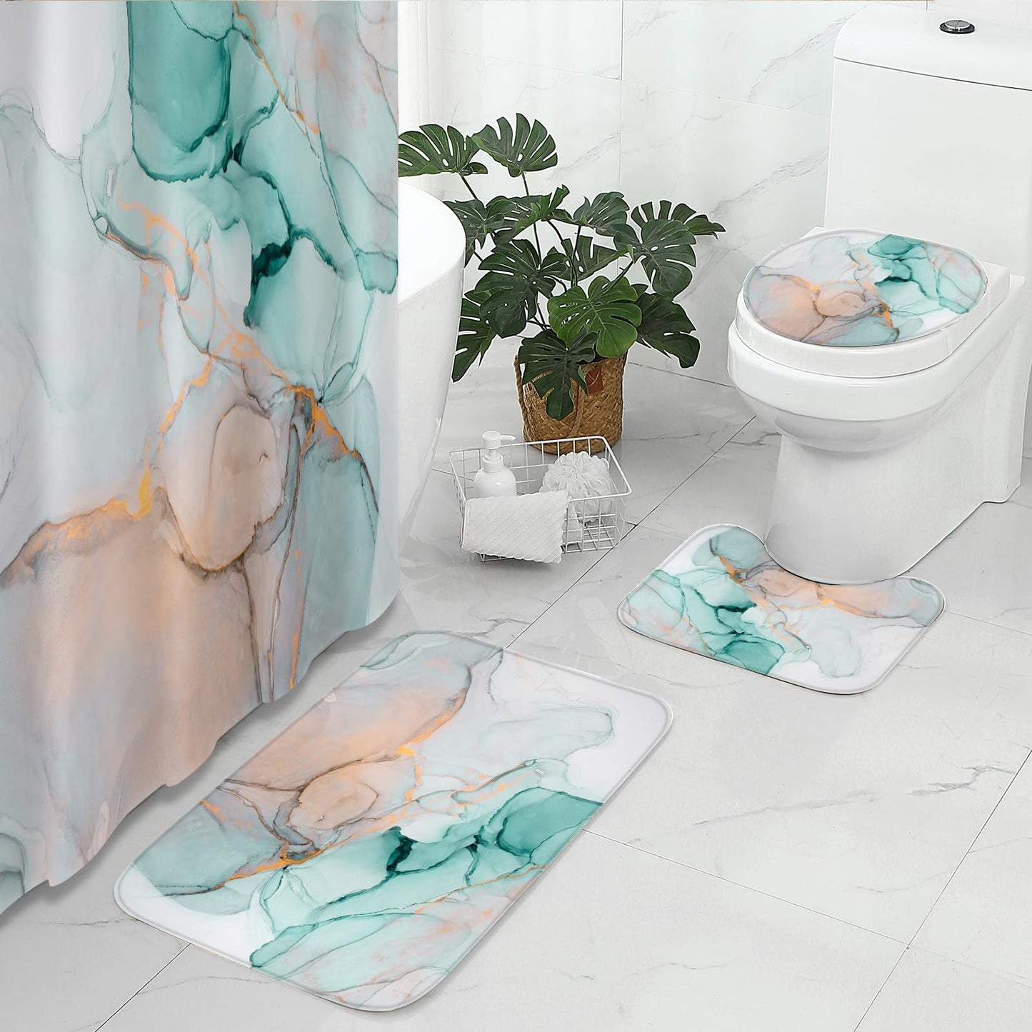 Gibelle 4 Pcs Bathroom Shower Curtain Set with Non-Slip Rugs, Toilet Lid Cover and Bath Mat, Grey Blue Marble Bathroom Decor Set with Shower Curtain and Rugs and Accessories BST326H
