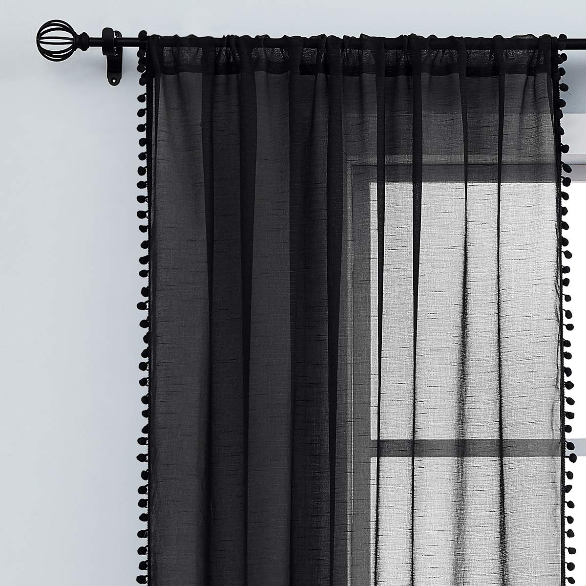 Treatmentex Pom-Pom Grey Sheer Curtains for Bedroom 63" Window Drapes Rod Pocket Textured Sheer Curtain for Kids Room 52" w 2 Panels BST202
