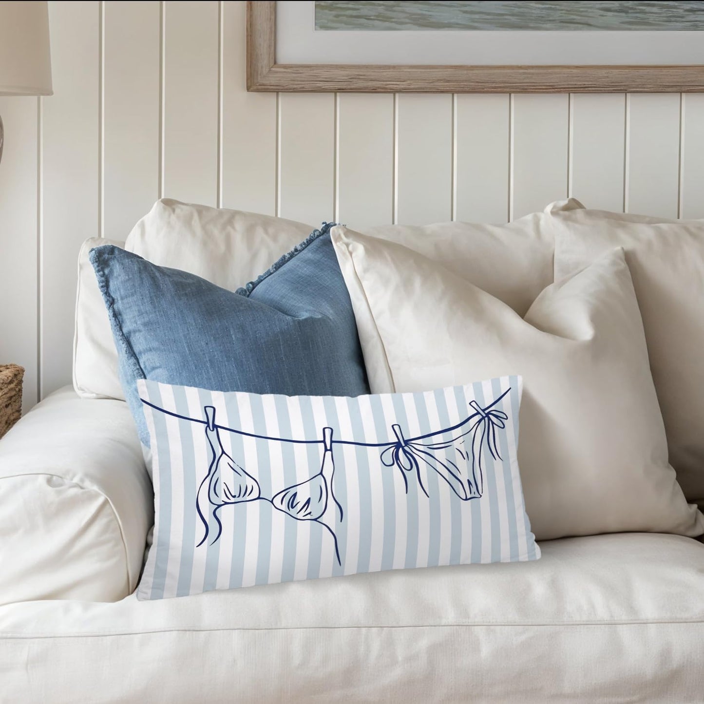 Coastal Beach Girly Room Decor 12x20 Pillow Cover, Preppy Beach Navy Blue Bikini Striped Decorative Lumbar Pillow Covers for Girls Bedroom College Dorm Sofa Couch BST326L