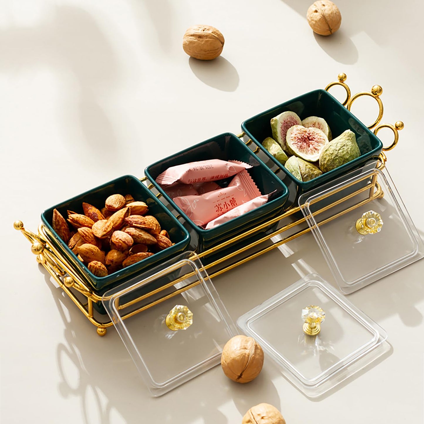 YA JU Ceramic Bowls and with Lid Gold Basket Trays, 4 Removable Small Bowls Condiment Trays Nut Serving Set for Snacks, Fruits, Candy and Condiments - Great for Parties, Holiday Gifts,White BST202