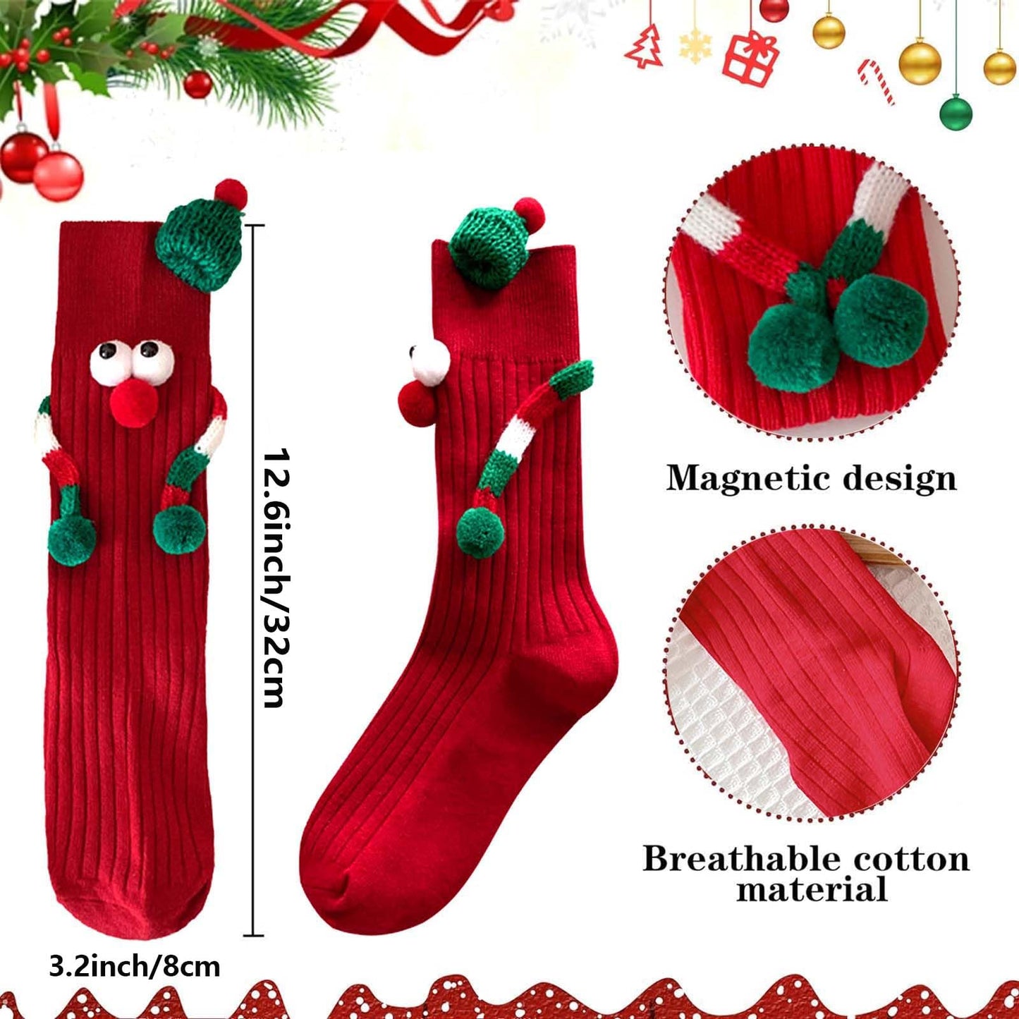 ARTSIM Magnetic Hand Holding Socks for Couple Friends Kids - 3D Doll Mid-Tube Cute Novelty Xmas Socks BST326H