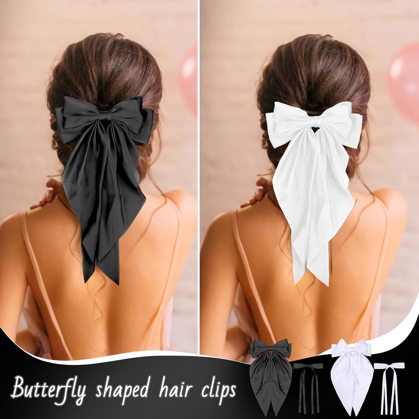 Yoseng Hair Bows Set: 4pcs Ribbon Hair Clips with Bowknots and Long Tails, 2 Sizes, for Women and Girls (Black, White) WN420