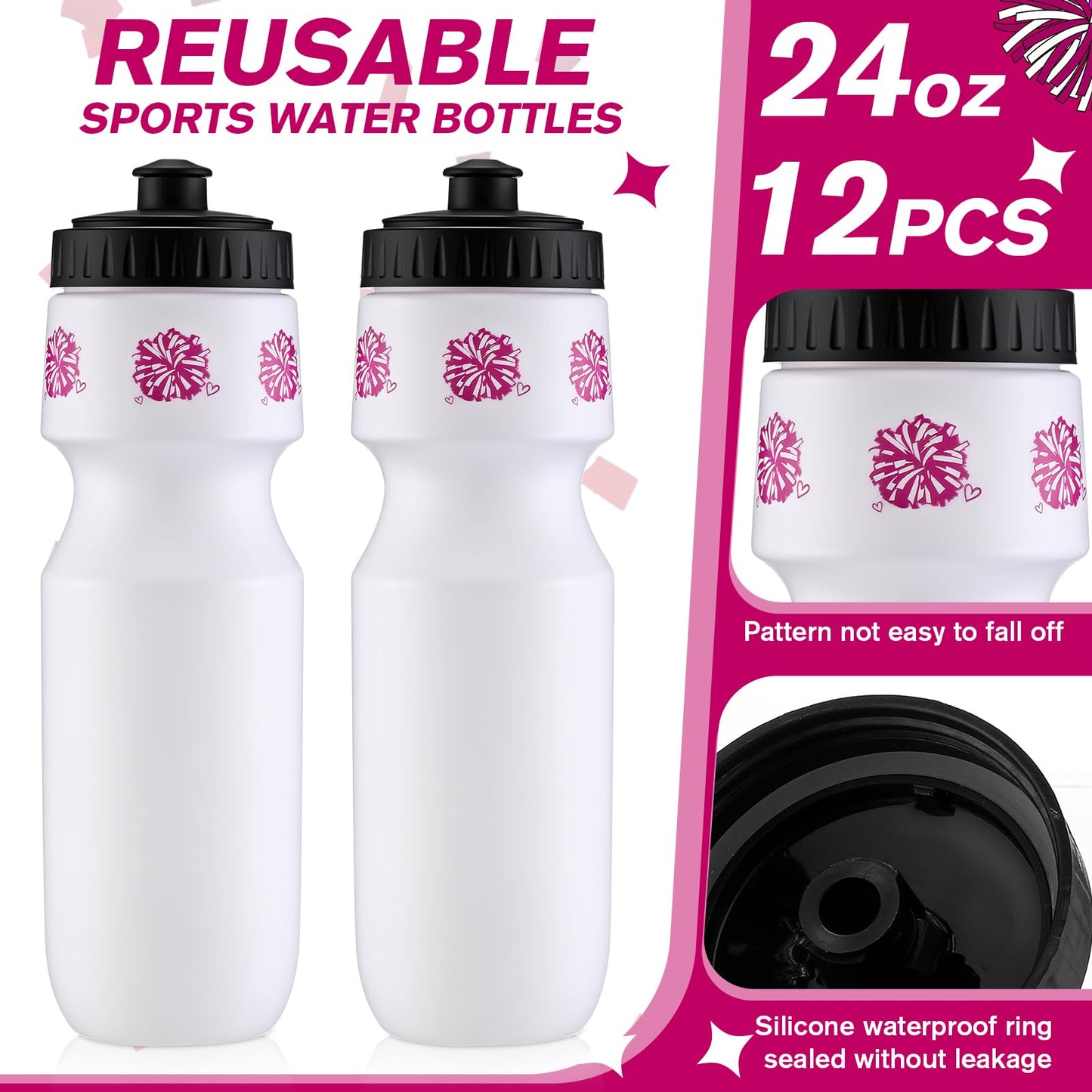 Talltalk 12 Pack Cheerleading Water Bottles Bulk 24 oz Reusable Plastic Cheer Water Bottles with Pull Top Cap Dishwasher Safe Cheerleader Drinking Bottle for Game Sports Dance Party (Rose Red) BST220