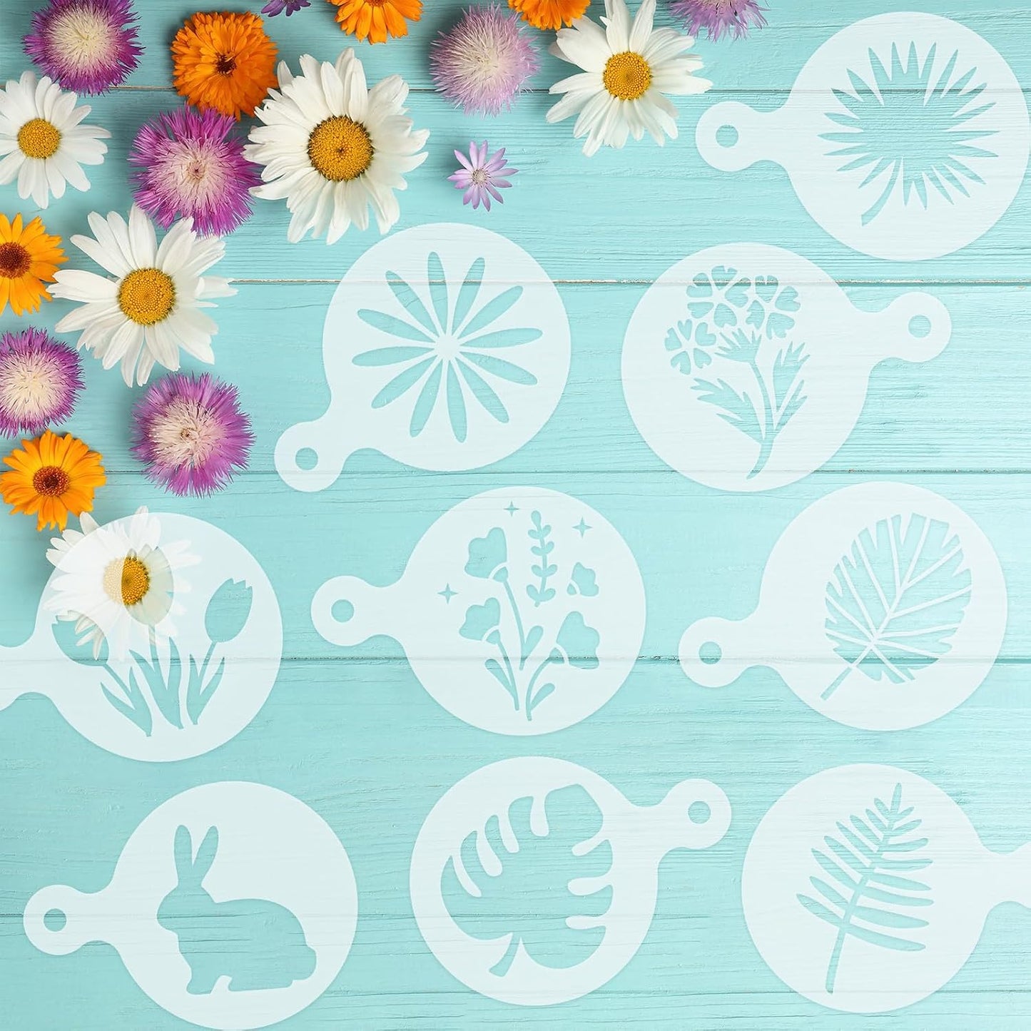Konsait 20 Pack DIY Coffee Stencils Latte Art Templates for Decorations Reusable Cake Cookie Stencils,Includes Designs for Painting Butterfy, Flowers, Bunny, Bird,Perfect for Party Supplies BST326L