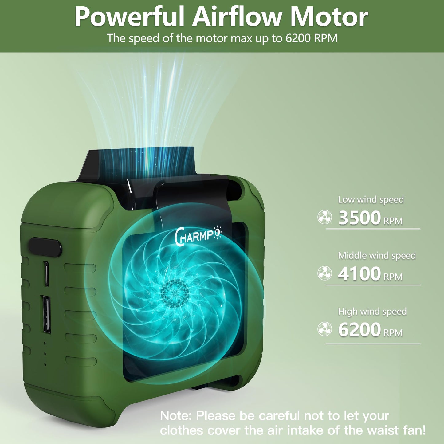 Portable Waist Fan - 6000mAh Battery, 3 Speeds, Strong Airflow, Up to 16 Hours Working Time, Portable Hands-Free Cooling Belt Clip Fan for Construction Workers, Couriers, and Campers BST202