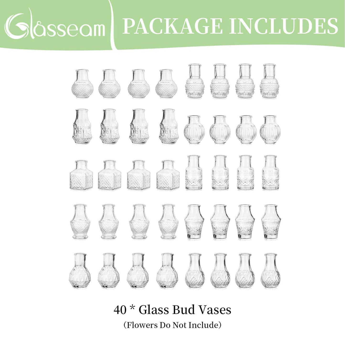 Glasseam Mini Bud Vases for Centerpieces: 20Pcs Clear Glass Vases in Bulk | For Single Flowers, Small Stems, Tiny 2.7", Embossed Thick Glass, Wedding, Party, Baby Shower, Dining Room Table Decoration BST326H