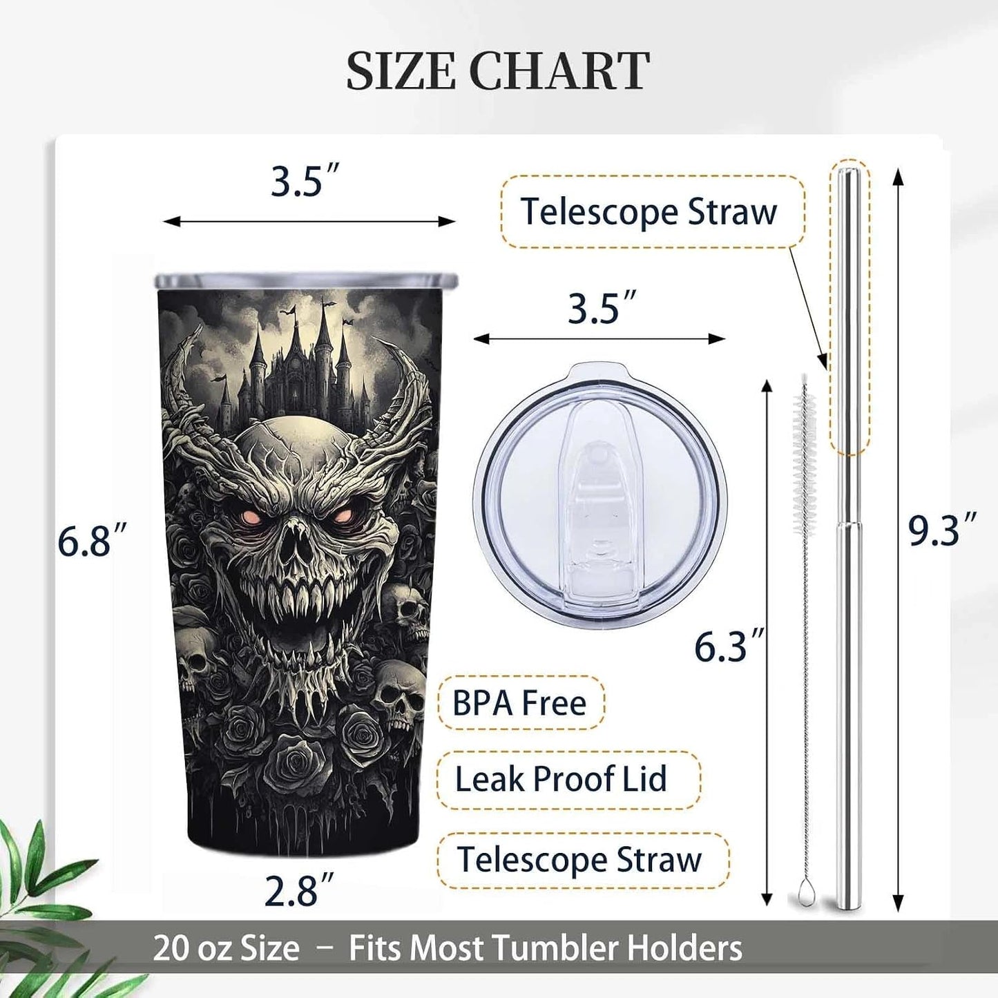 Gothic Skull 20 oz Insulated Stainless Steel Tumbler | Spooky Skeleton Travel Mug with Leak Proof Lid and Telescope Straw | Hot & Cold Coffee Cup | Halloween Gifts for Men and Women WN420