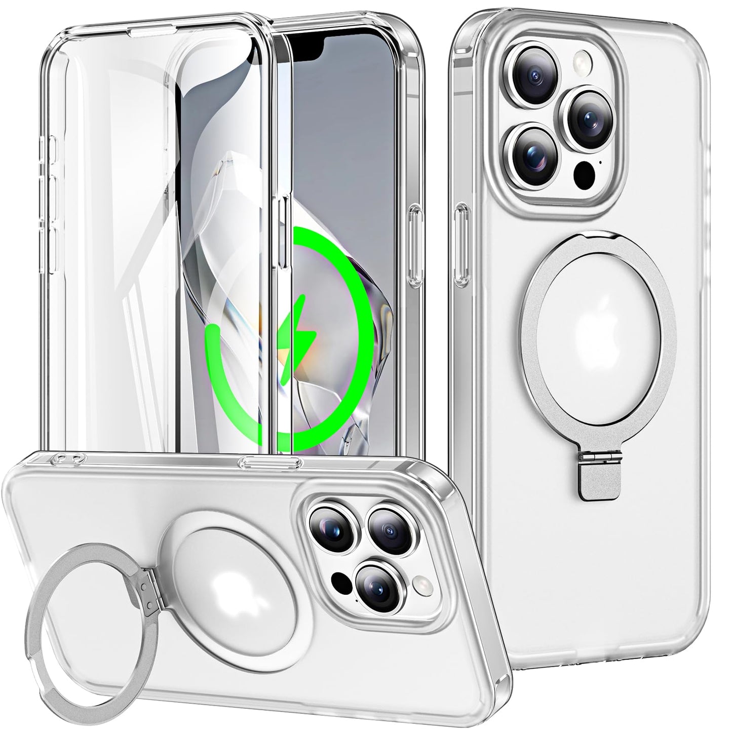 for iPhone 13 Pro Full Body Shockproof Case with Magnetic Invisible Stand [Compatible with MagSafe] Built-in Screen Protector Military Drop ProtectionTranslucent Phone Cover -Hot Pink WN420