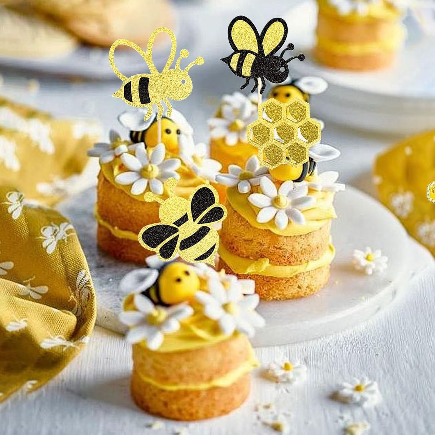 24 PCS Bumble Bee Cupcake Toppers Glitter Heart Honeycomb Bee Cupcake Picks BaBy Shower Cake Decorations for Bee Theme Baby Shower Kids Birthday Party Supplies WN420