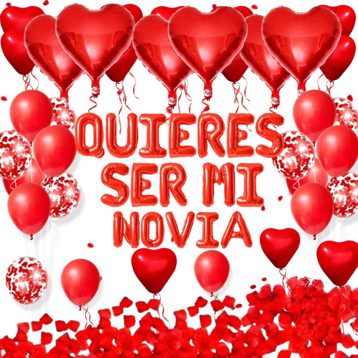 QUIERES SER MI NOVIA - 16inch Quieres Ser Mi Novia Balloons/Will You Be My Girlfriend - 1000pcs Artificial Rose Petals Red Heart Balloons for Love Confession Valentines Day Party Decorations BST326H