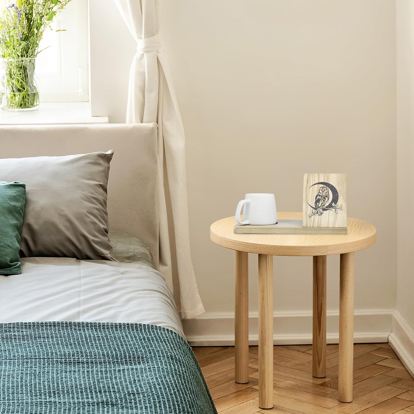 EVOLUX Owl Triangle Book Holder - Wooden Bookshelf With Drink Holder Owl Small Bookshelf Book Holder with Cup Holder (Beige) WN420