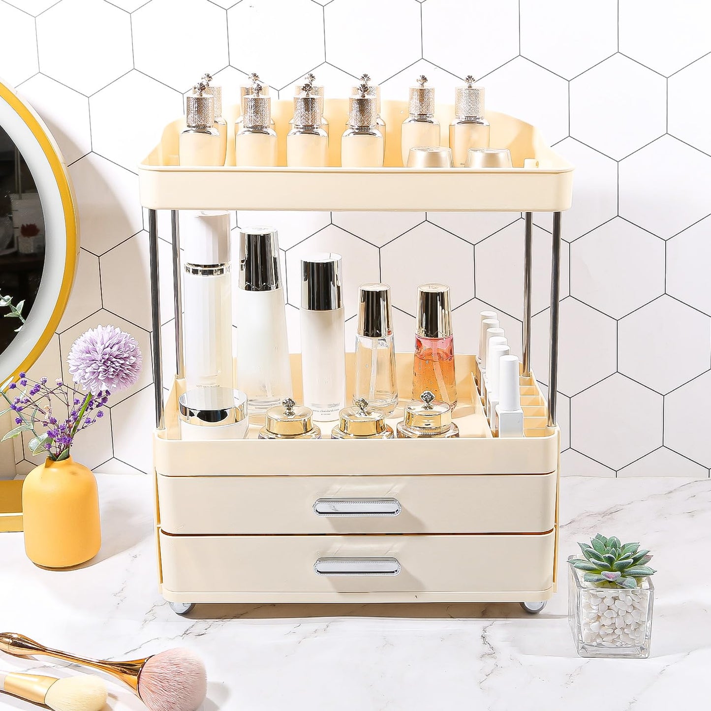 DASITON 4 Tiers Makeup Organizer, 2 Drawers Large Cosmetic Organizers for Vanity Bathroom Countertop, Bathroom Organizers and Storage for Skincare, Cosmetic, Perfume, Dresser Organizer (Cream+Clear) BST220