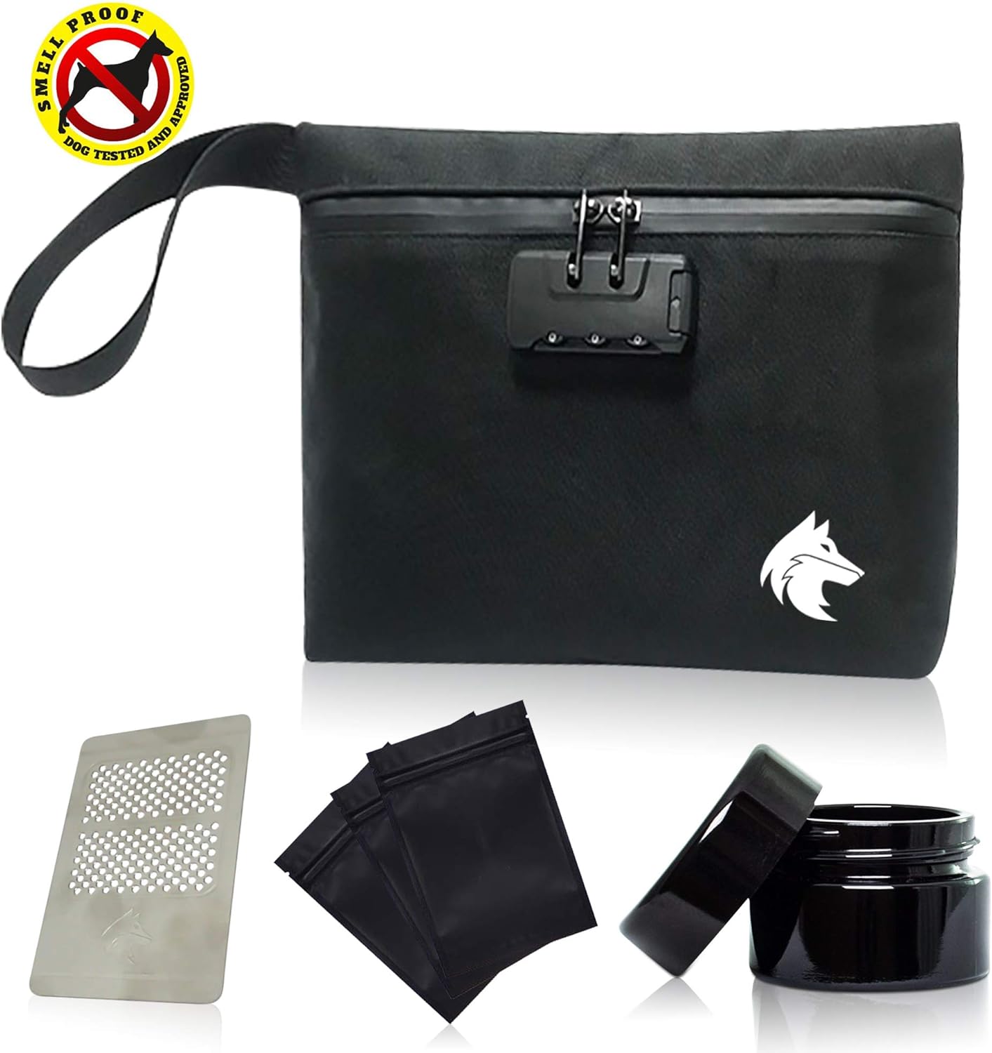 Upgraded Smell Proof Bag | 6 Piece Durable Waterproof Container Includes A Combination Lock, 3 Smell Proof Bags, Custom Grinder and A 50 Gram UV Blocking Herb Glass Container | 11x7.5x2.5 (Black)