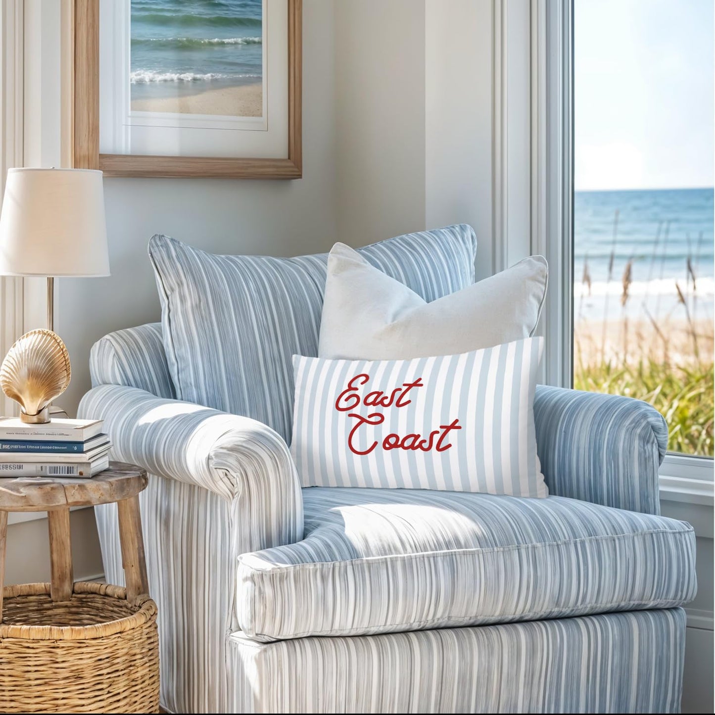 Coastal Beach Girly Room Decor 12x20 Pillow Cover, Preppy Beach Navy Blue Bikini Striped Decorative Lumbar Pillow Covers for Girls Bedroom College Dorm Sofa Couch BST326L