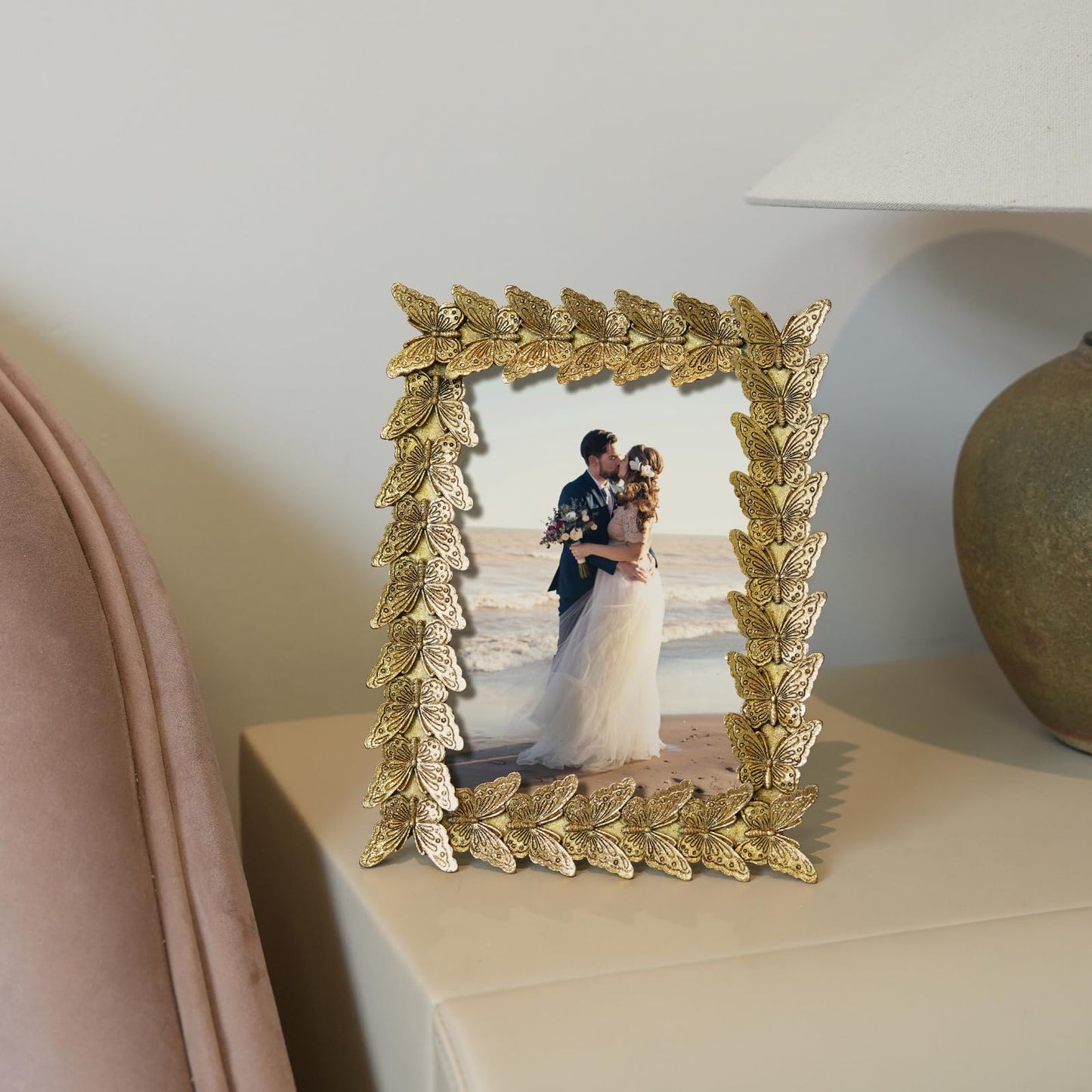 5x7 Wedding Picture Frame Gold,2 Pack Small Frame for Gallery Decor | Durable Resin Material,Tabletop & Wall Display,Real Glass,Rose Floral Design,Antique Brass Finish,Wedding Arrangement Decor BST326H