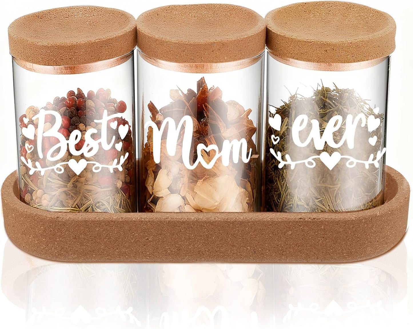 Best Mom Ever Glass Spice Jars Set with Cork Lids and Tray for women | 3-Piece Seasoning Storage Jars for Kitchen for Mom,ideal for Birthday Christmas End of Years present WN420