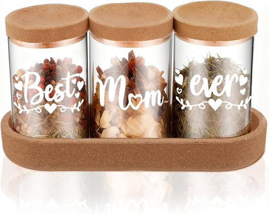 Best Mom Ever Glass Spice Jars Set with Cork Lids and Tray for women | 3-Piece Seasoning Storage Jars for Kitchen for Mom,ideal for Birthday Christmas End of Years present WN420