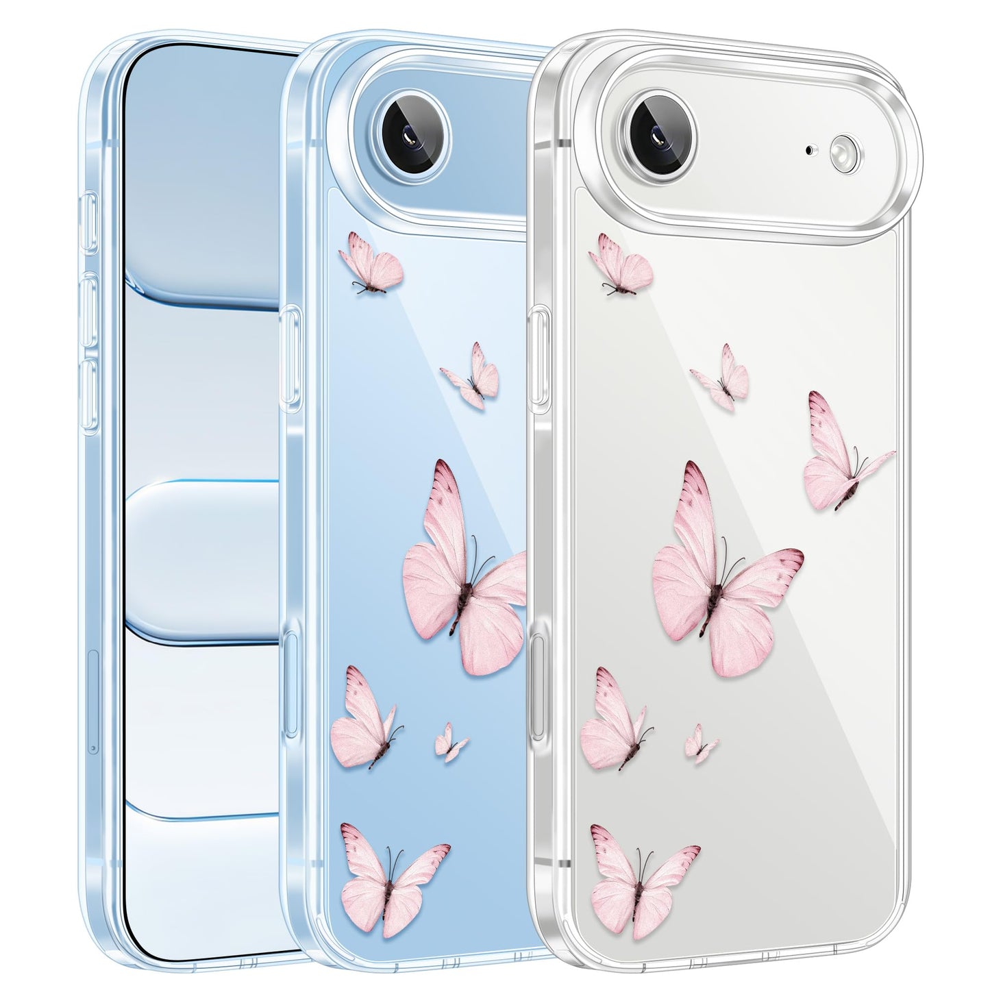 Cute Girly Crystal Clear Case Compatible with iPhone 16 Pro, Camera Control & Shockproof Protection Floral Case for Women, Blue Butterflies WN420