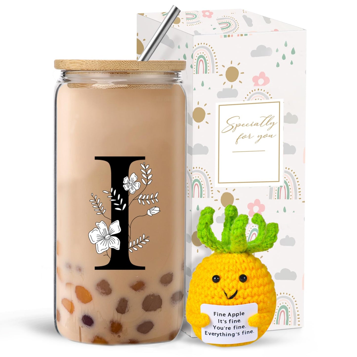 Monogrammed Initial Glass Cup with Lids and Straws gift for Women | Personalized Gift Set with Doll, 16 Oz Ice Coffee Cup ,reusable glass tumbler,Birthday Christmas Gift for Her,U WN420