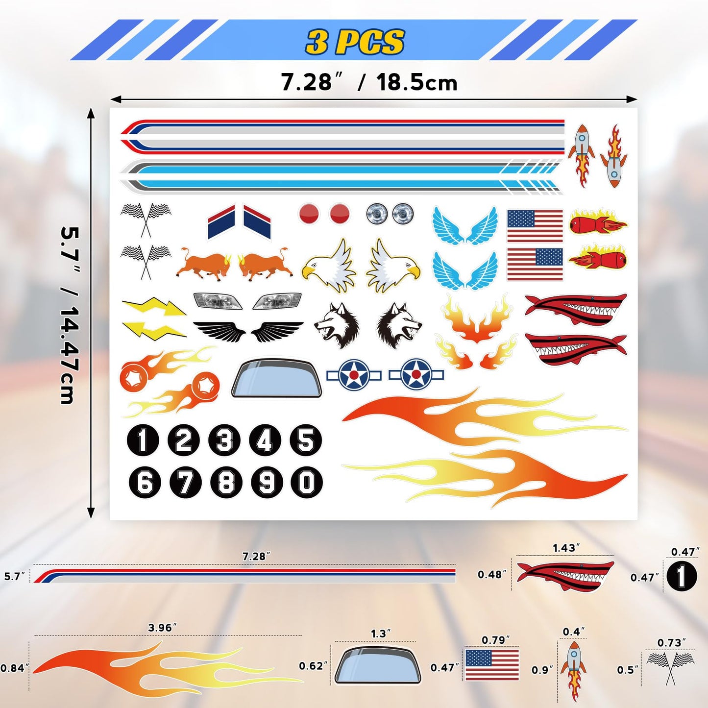 OCQOTAT 5PCS Derby Car Sticker Set-Racing Numbers, Flags, Lights, Stripes & Flame Decals - Peel & Stick Car Stickers for Derby Supplies Cars,Cool Decorations&Accessories for Your Vehicle