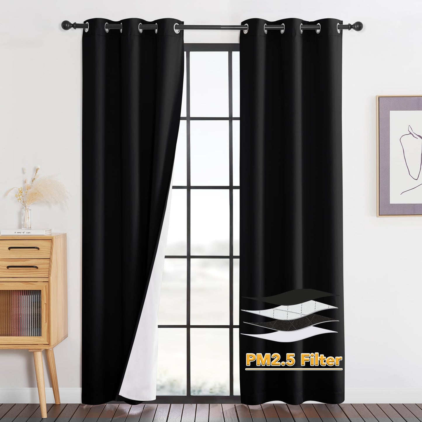 RYB HOME 4-in-1 Dust Filtering Soundproof Blackout Insulating Privacy Window Curtains for Nursery Bedroom Living Room Rivider Sound Absorption Sheet, Black, W52 x L90 inch, 2 Panels BST220