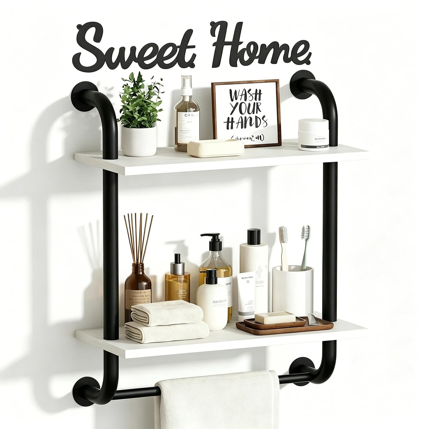 Tinpin Bathroom Shelves Wall Mounted, Rustic Farmhouse Pipe Shelves, Walls Shelf 3-Tier, Industrial Pipe Shelving, Floating Shelf Wall Decor for Bathroom, Kitchen, Bedroom, Living Room 17.3in Black DD1210
