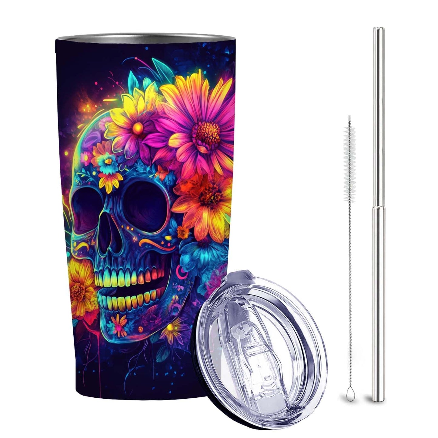 Gothic Skull 20 oz Insulated Stainless Steel Tumbler | Spooky Skeleton Travel Mug with Leak Proof Lid and Telescope Straw | Hot & Cold Coffee Cup | Halloween Gifts for Men and Women WN420