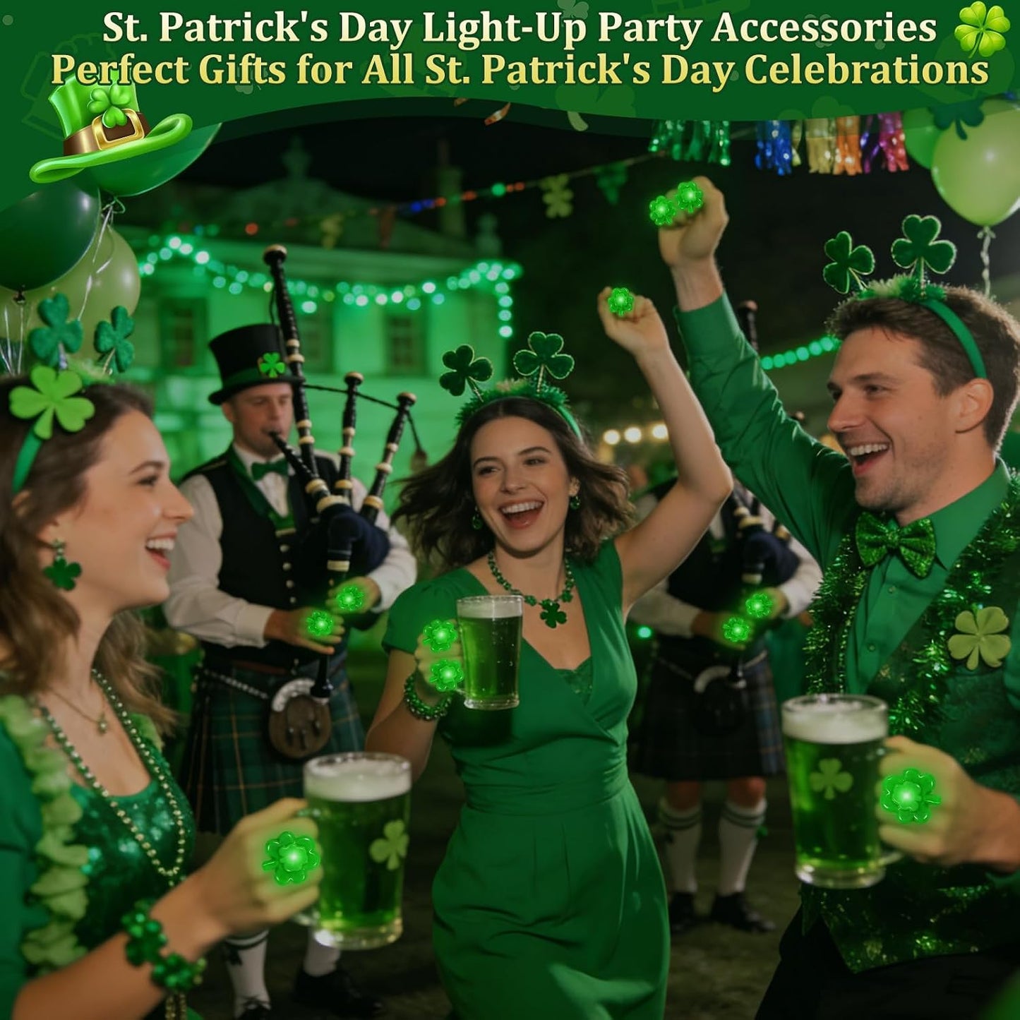 iGeeKid 24 Pack St. Patricks Day Green Shamrocks LED Light Up Ring for Adults St. Patricks Party Accessories Favors LED Finger Lights Glow in The Dark Carnival Party Supplies Gift Toy WN420