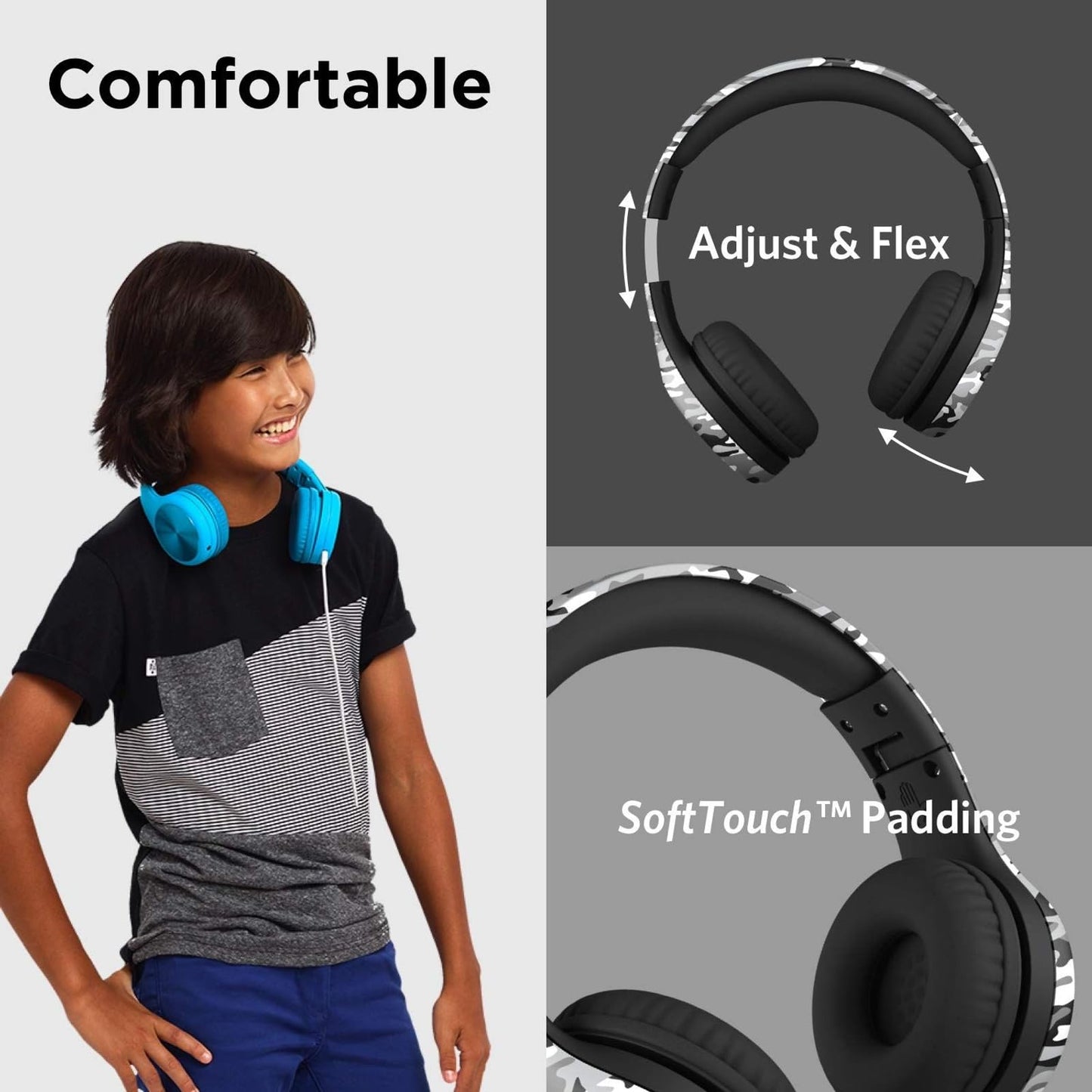 LilGadgets Connect+ Pro Wired Kids Headphones for School with Microphone, Volume Limiting Over-Ear Headset with Cord, SharePort Technology & SoftTouch Padding, Blue