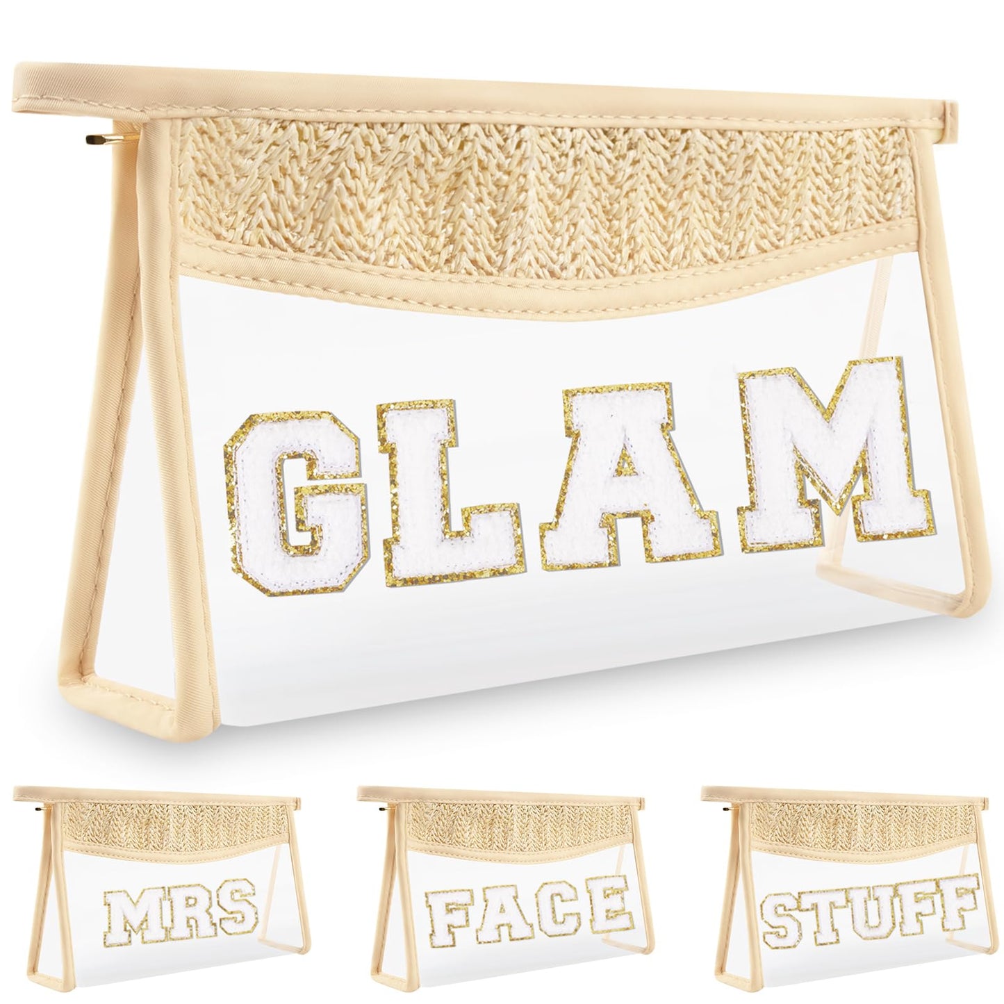 Boho Clear Makeup Bag Cosmetic Zipper Pouch Purse, Clear Toiletry Bags Travel Small Preppy Cute DIY Chenille Letter Bag, Transparent PVC Waterproof Clutch Make Up Organizer Storage Bag for Women Girls BST220