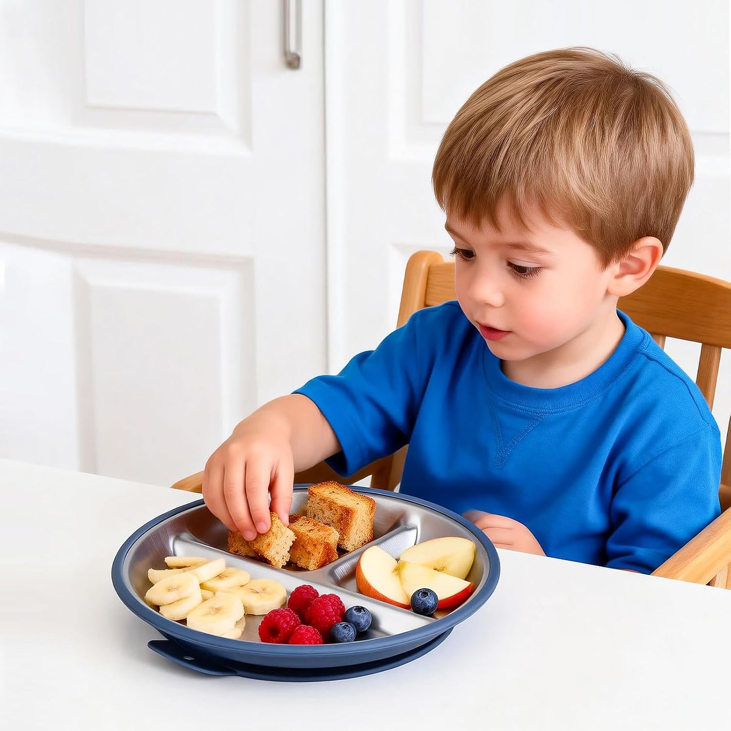 Greentainer 3 Pack Stainless Steel Baby Plates with Suction, Divided Toddler Plates with Removable Silicone Sleeves, Unbreakable Kids Dishes for Dinner & Snack, Non-Toxic, Dishwasher Safe BST326H