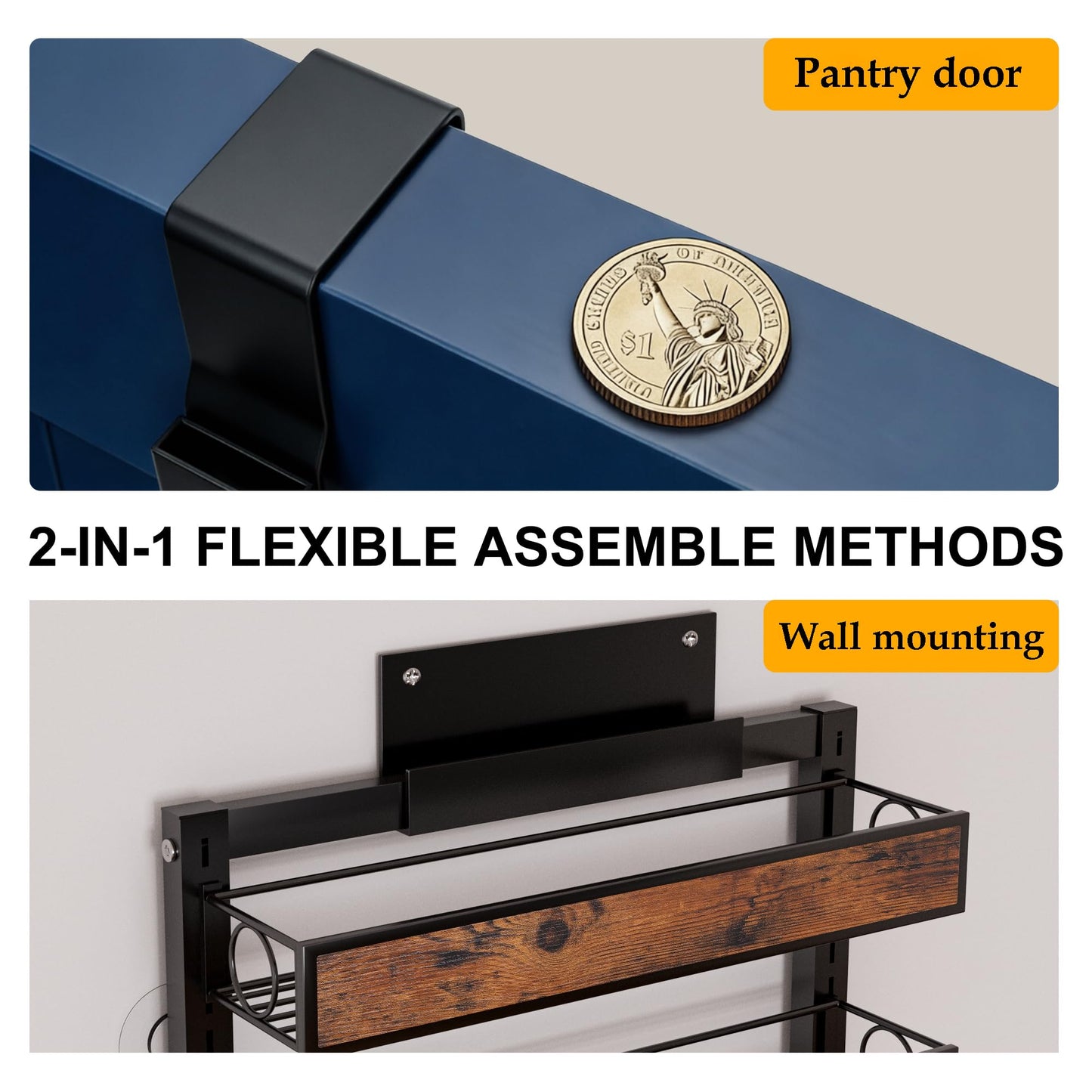 8 Tier Over The Door Pantry Orangizer 2 IN 1 Wall Mounted or Hanging Spice Rack with Adjustable Wood Basket,Heavy Duty Seasoning Storage Shelf for Kitchen Pantry and Bathroom BST220