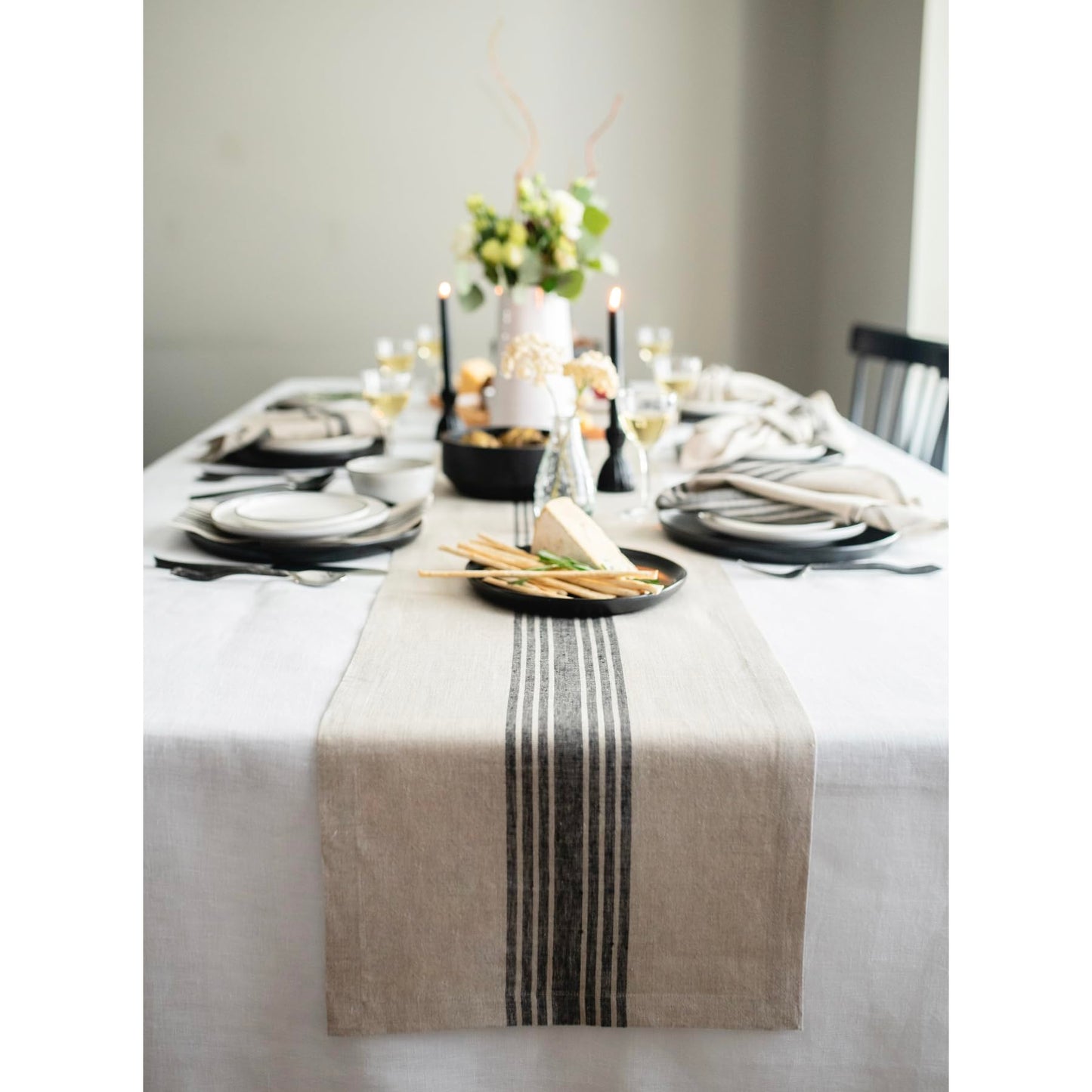 Solino Home 100% Linen Table Runner, 14 x 60 in, Black and White Striped | Farmhouse Table Runners for dining, console and side tables; vintage grain sack centre stripe; Pure Linen; OEKO-TEX Certified BST326SOLH