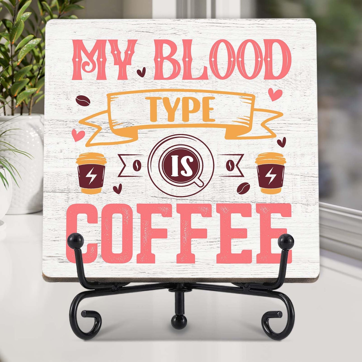Coffee Bar Decor, Farmhouse Kitchen Table Decor, Coffee Station Accessories, Wooden Decorative Sign with Iron Stand for Table Desk Shelf Display-E21 BST220