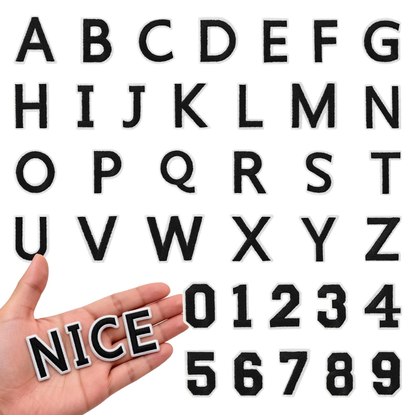 72Pcs Iron on Number and Letter Patches, Numbers 0-9, Letters A-Z Embroidered Applique Patches for Clothes, Skirts, Hats, Socks - Black BST220
