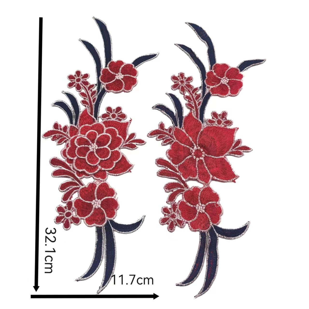 1Pair Red Blue Embroidery Lace Flower Fabric Applique Sew on Patches Embroidery Sewing Craft Decoration32.1x11.7cm BST220