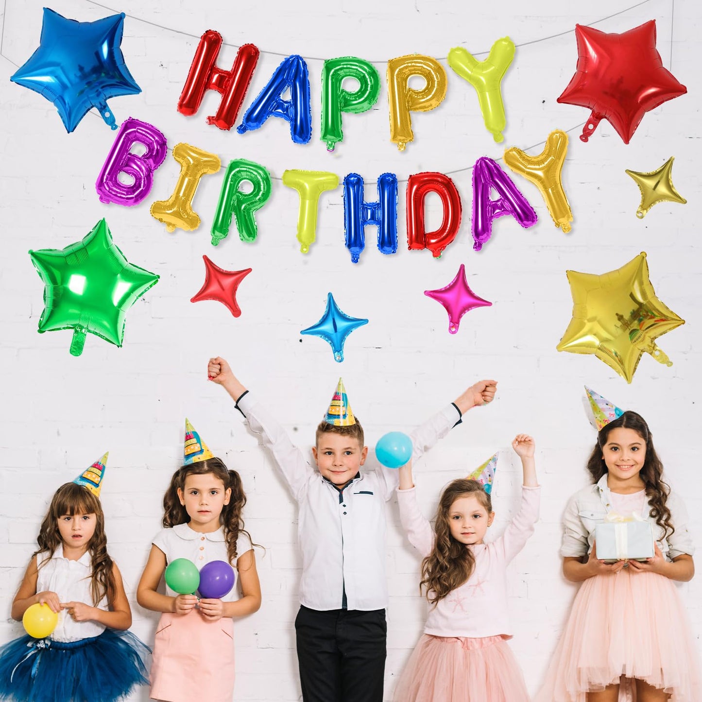 Happy Birthday Balloons Banner, Rainbow Happy Birthday Foil Balloons 16 Inch Foil Letter Balloon with 8 Pcs Gradient Blue Pink Star Balloon for Women Men Boys Girls Birthday Party Decoration WN420