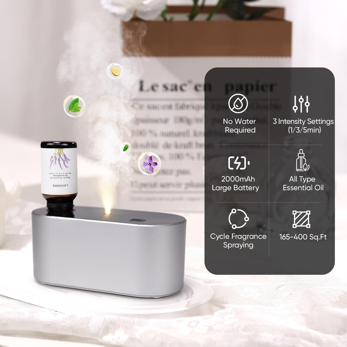 Lecdura Waterless Diffuser for Essential Oil, Battery Operated Scent Air Aromatherapy Diffuser, Mini Aroma Diffusers with 3 Intermittent Mist Modes, Cycle Start for Home Office Bedroom - Rose Gold