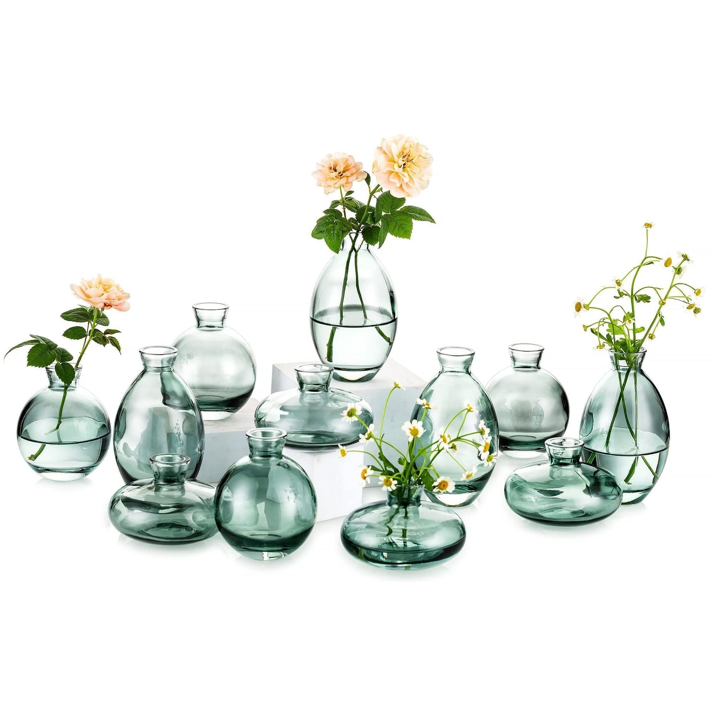Glasseam Clear Glass Bud Vase, 3Pcs/Set Modern Decorative Small Mini Flowers Vases Short Minimalist Aesthetic Home Decor Vintage Cute Handmade Tiny Wedding Table Centerpieces for Single Flower Rose BST326H