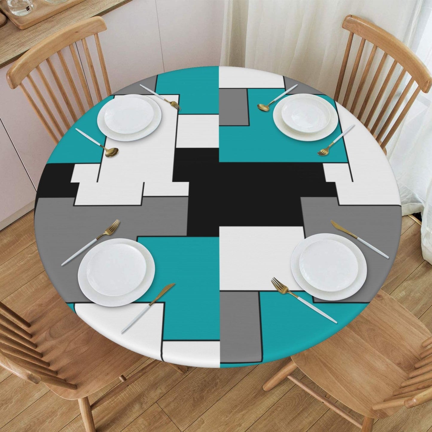 Blue Petal Mandala Pattern Tablecloth with Elastic Edge, Round Table Cover Washable Reusable Bohemian Table Cloths for Kitchen Dining Party, Medium (Fits 45-50 in) BST202