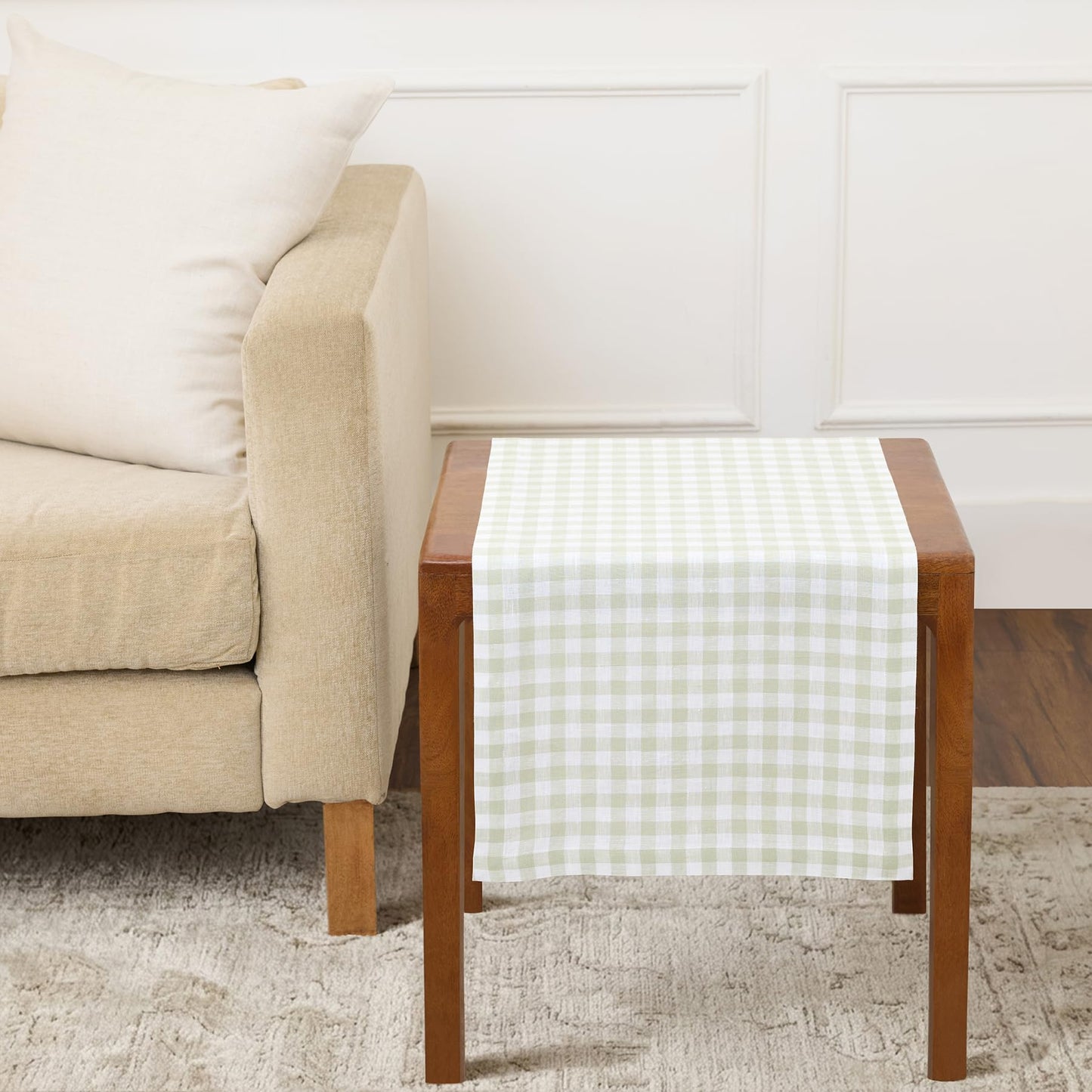 Solino Home 100% Pure Linen Table Runner Apricot, Gingham Check 14 x 36 in | Table Runners for nightstands, end tables, coffee tables and dressers | checkered weave, mitered corners | OEKO-TEX Certified BST326SOLH