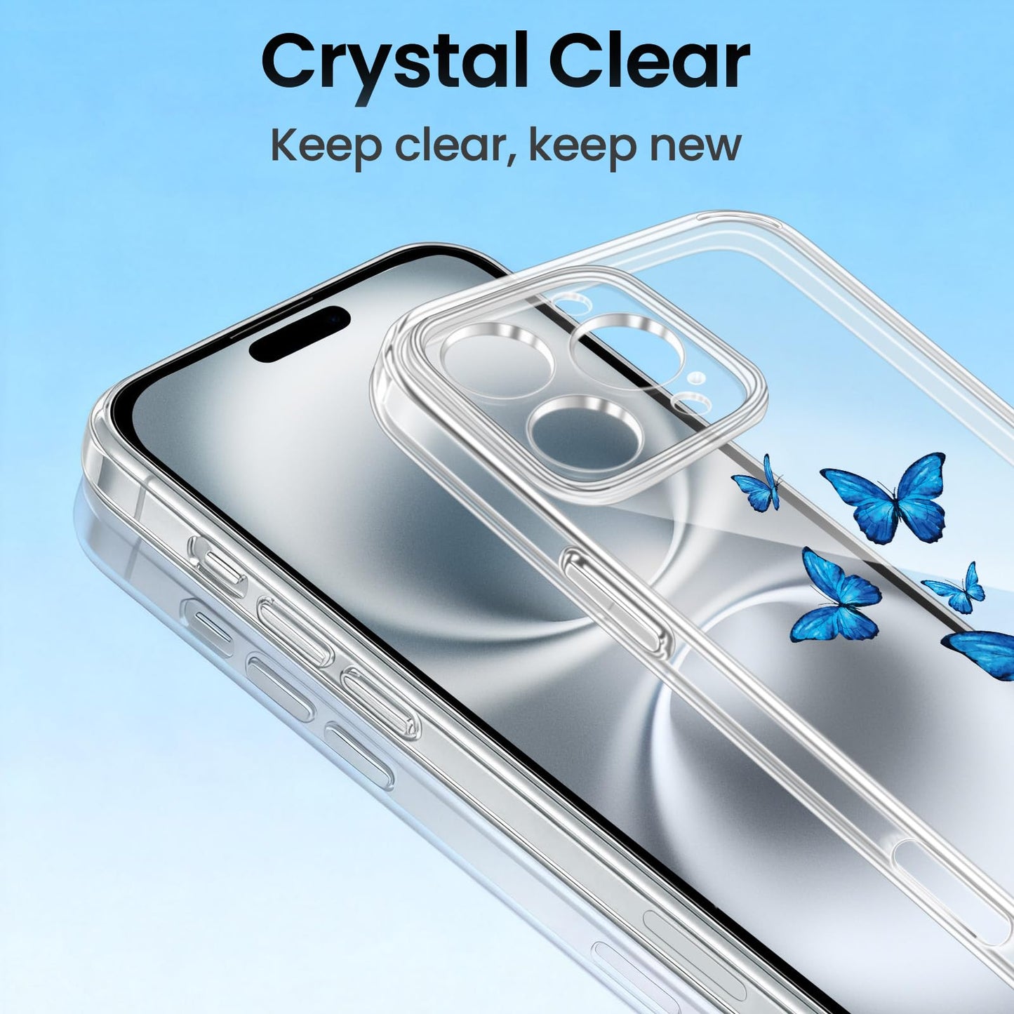 Cute Girly Crystal Clear Case Compatible with iPhone 16 Pro, Camera Control & Shockproof Protection Floral Case for Women, Blue Butterflies WN420