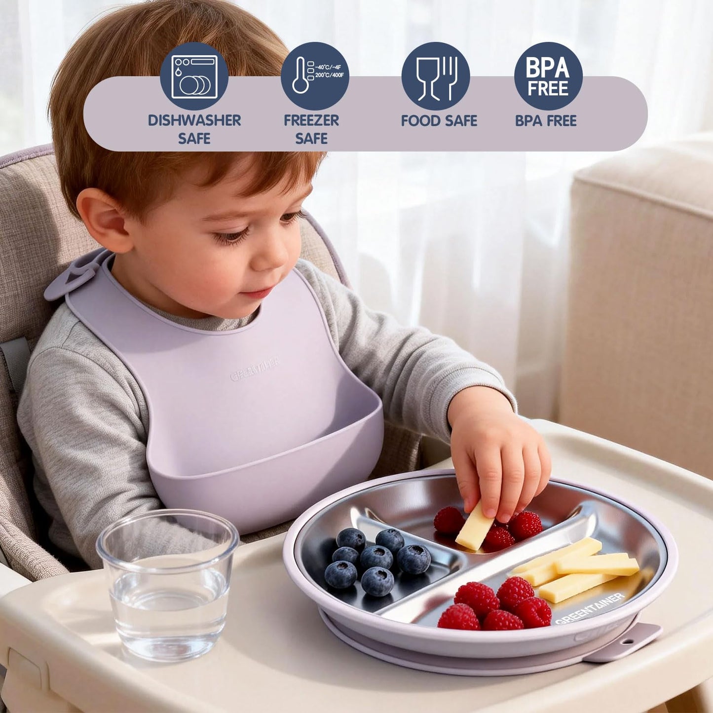 Greentainer 3 Pack Stainless Steel Baby Plates with Suction, Divided Toddler Plates with Removable Silicone Sleeves, Unbreakable Kids Dishes for Dinner & Snack, Non-Toxic, Dishwasher Safe BST326H