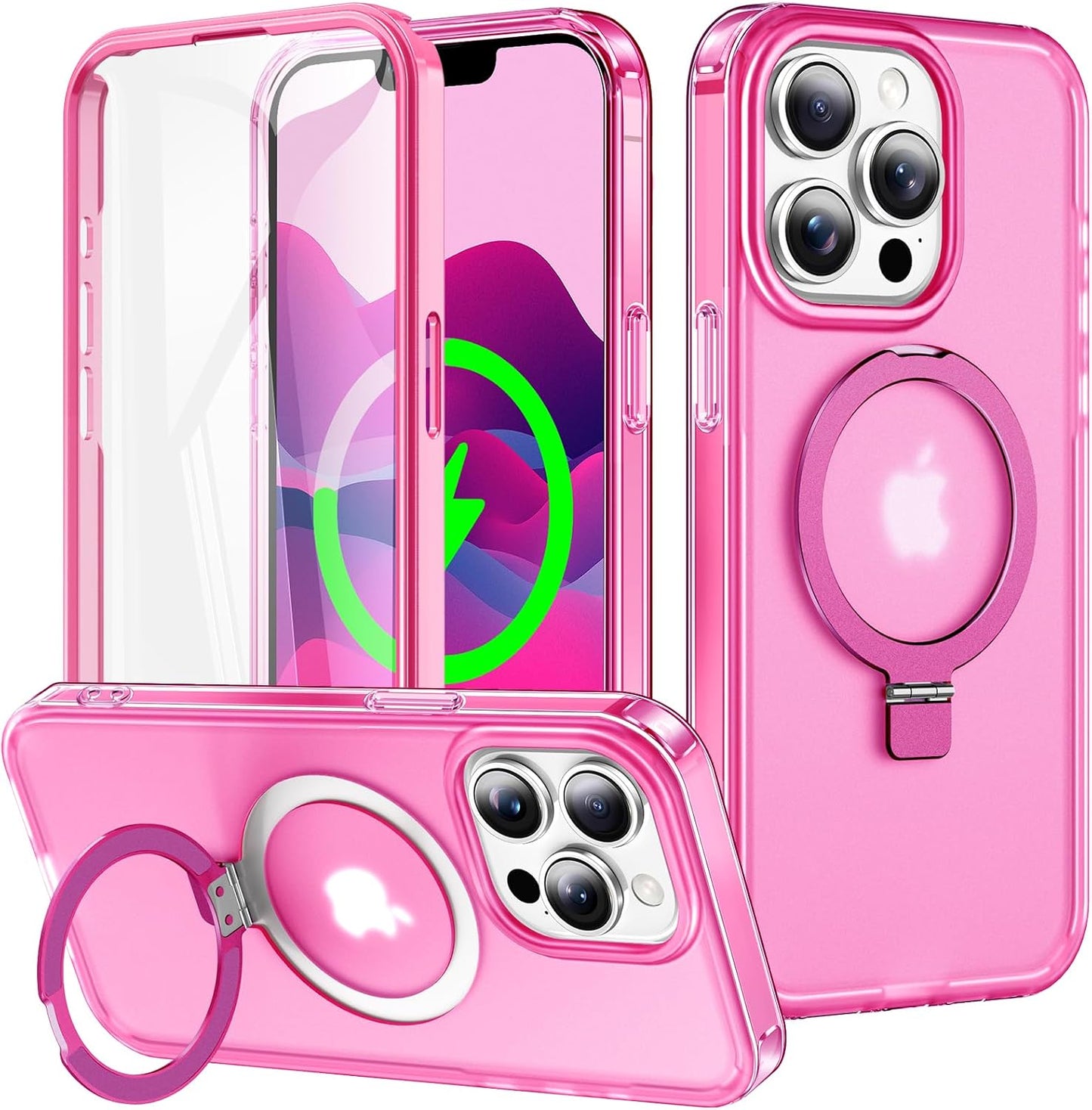 for iPhone 13 Pro Full Body Shockproof Case with Magnetic Invisible Stand [Compatible with MagSafe] Built-in Screen Protector Military Drop ProtectionTranslucent Phone Cover -Hot Pink WN420