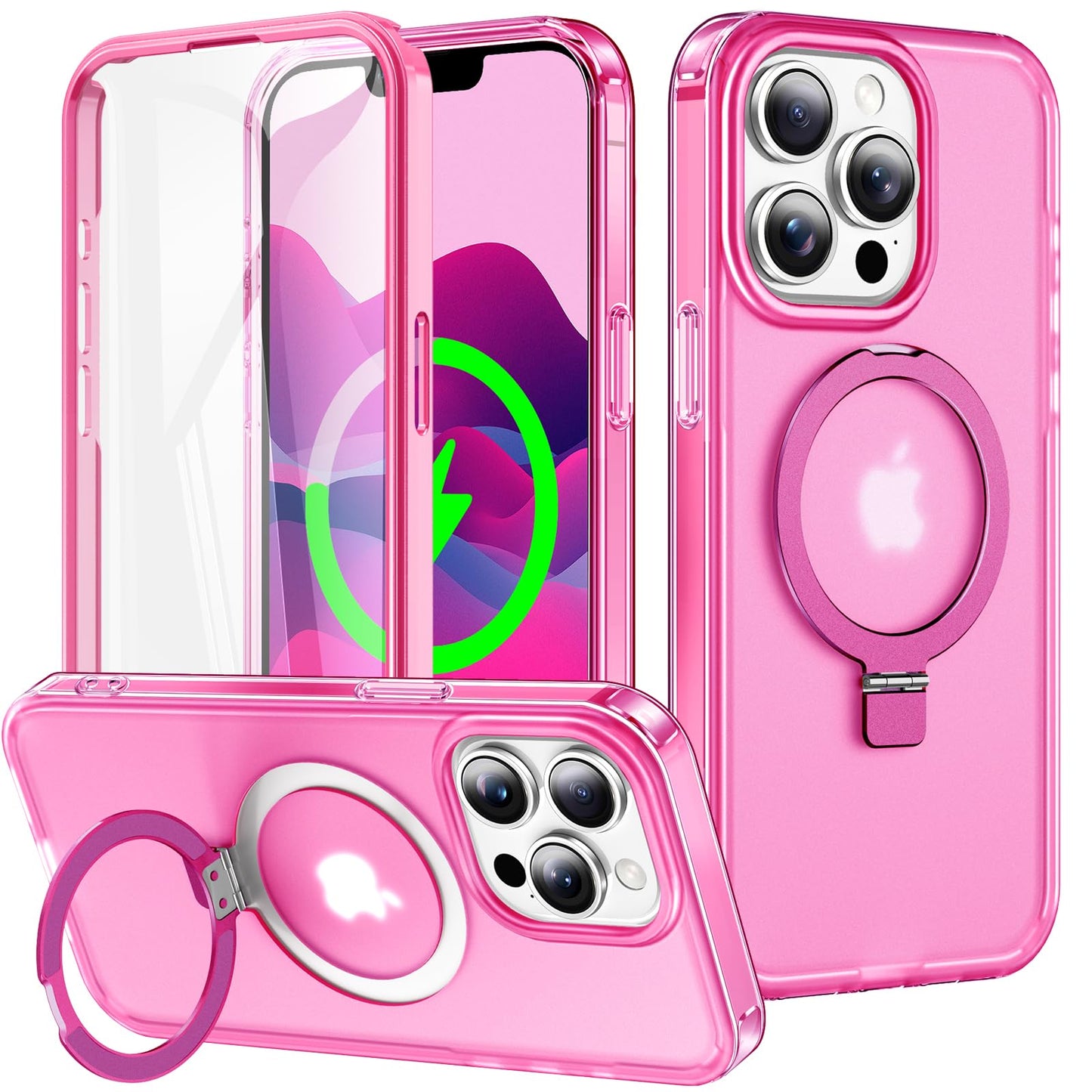for iPhone 13 Pro Full Body Shockproof Case with Magnetic Invisible Stand [Compatible with MagSafe] Built-in Screen Protector Military Drop ProtectionTranslucent Phone Cover -Hot Pink WN420