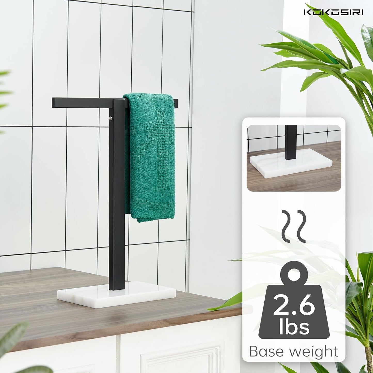 KOKOSIRI Hand Towel Holder Black Stand Towel Rack with Marble Base for Bathroom Kitchen Vanity Countertop, Stainless Steel 15.7'' Height THS0002-SM-BK BST202
