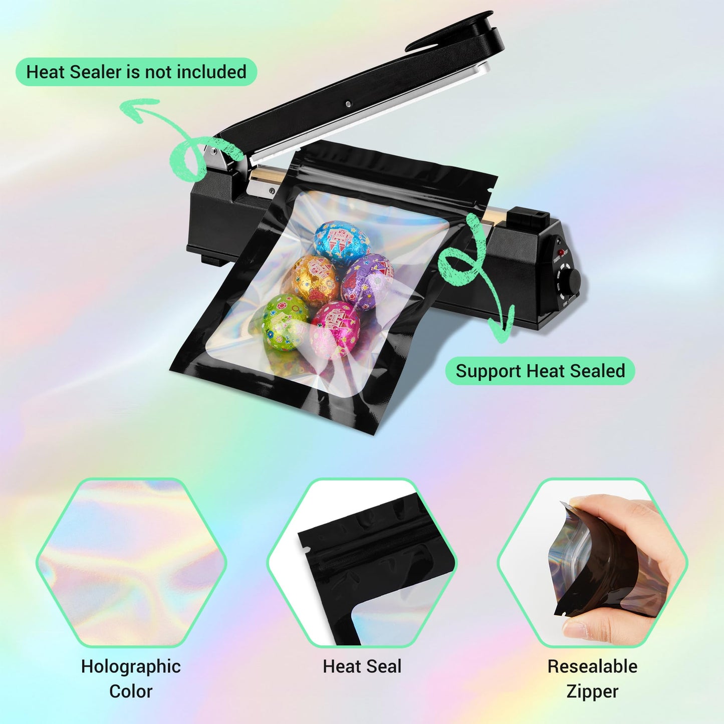 Holographic Mylar bags -100Pcs Self-Seal Resealable Zip Baggies with Clear Window, Smell Proof Laser Iridescent White 3x4.7 inch for Small Business Samples, Party favors,Snacks,Jewelry BST326L