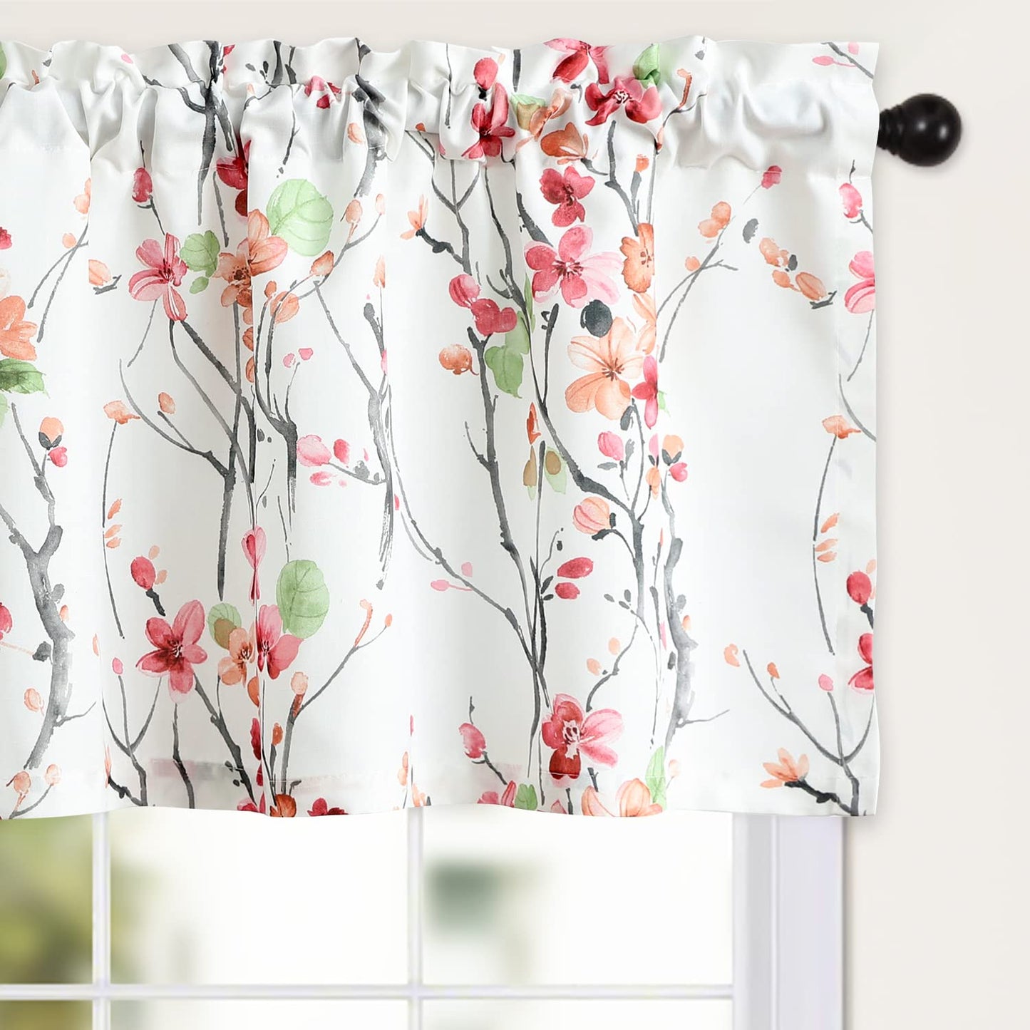 Leeva Farmhouse Kitchen Valances for Windows, Watercolor Blossoming Floral Print Curtains, Soft Faux Linen Curtain Toppers and Valances for Bedroom, 60 x 14 Inch, Brown & Grey, 1 Panel BST220