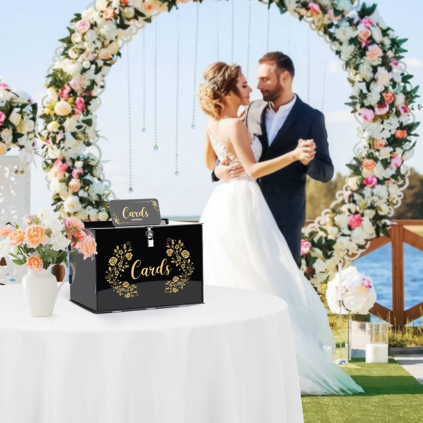 Fowecelt Acrylic Wedding Card Box with Lock Black Card Box DIY Large Rustic Card Box for Wedding Reception Bridal Shower Birthday Baby Shower Party Graduation Decorations (10x10x10 Inch) BST326H