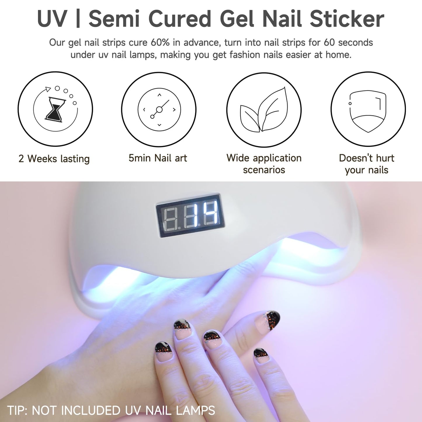 Semi Cured Gel Nail Strips, 56Pcs Nail Art Stickers/Wraps, Long Lasting UV Nail Polish Strips for Adults (Silver Rhinestones+French Tip Glitter) BST220